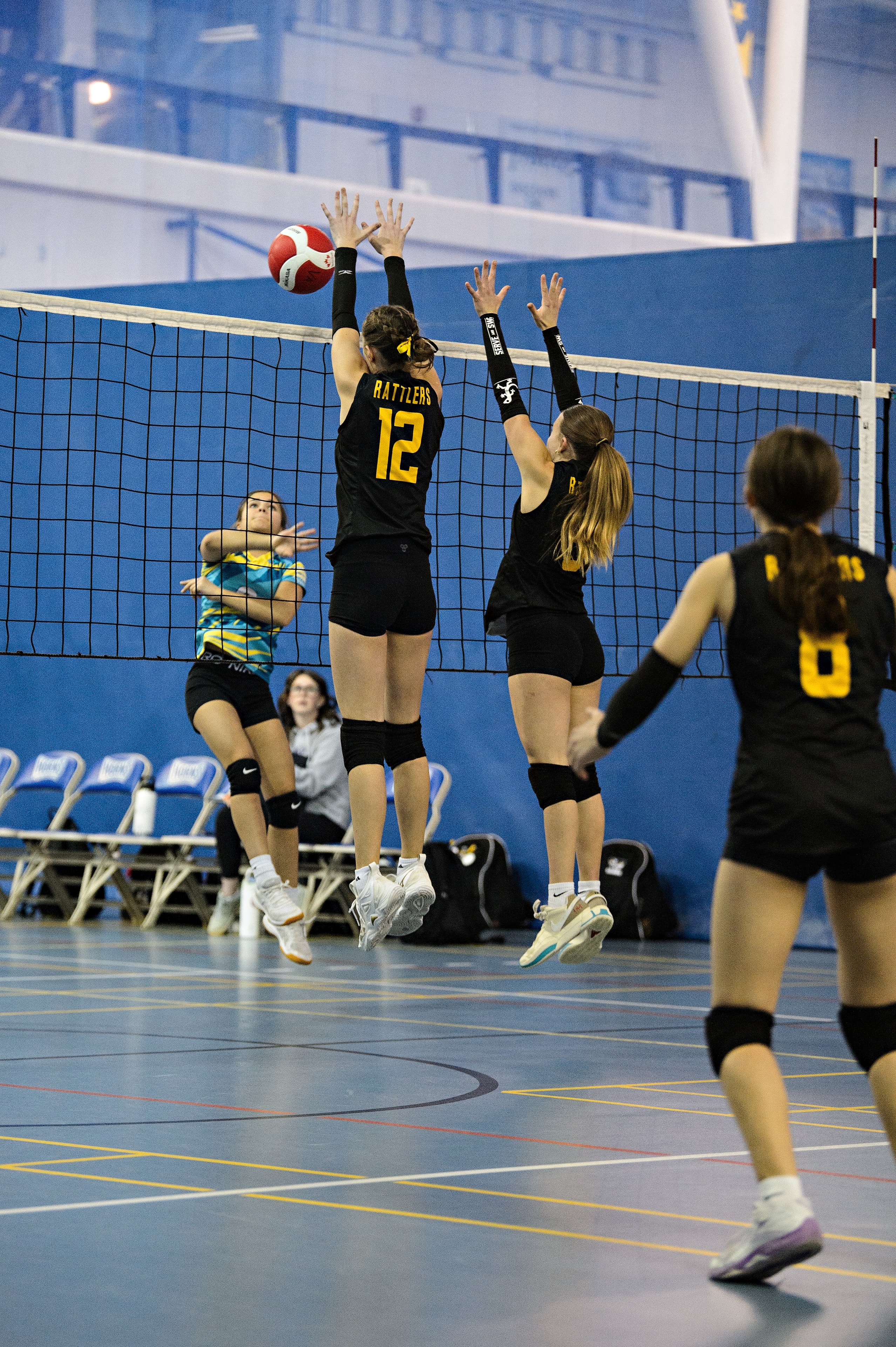 Rayna Bruins — double block at the net, Rattlers